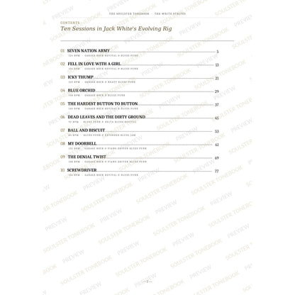 Contents page from The White Stripes Soulster Tonebook, listing all 10 songs with their tempos, genre tags and page numbers in a gold-and-black serif layout. A faint diagonal 'Soulster Tonebook · Preview' watermark repeats across the page.