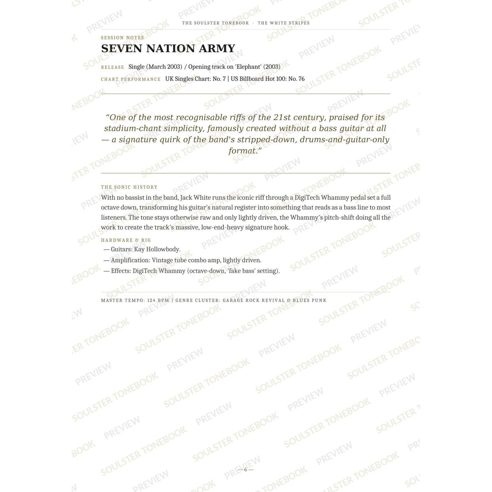Session-notes page for 'Seven Nation Army' in The White Stripes Soulster Tonebook, with the track's release and chart history, a summary quote, a short 'sonic history' write-up and the hardware and rig used. A faint diagonal 'Soulster Tonebook · Preview' watermark repeats across the page.