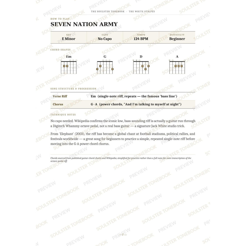 How-to-play page for 'Seven Nation Army' by The White Stripes, showing the key, capo, tempo and difficulty, printed chord-shape diagrams, a song-structure and chord-progression breakdown and technique notes — chord charts only, no lyrics or notation. A faint diagonal 'Soulster Tonebook · Preview' watermark repeats across the page.