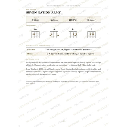 How-to-play page for 'Seven Nation Army' by The White Stripes, showing the key, capo, tempo and difficulty, printed chord-shape diagrams, a song-structure and chord-progression breakdown and technique notes — chord charts only, no lyrics or notation. A faint diagonal 'Soulster Tonebook · Preview' watermark repeats across the page.