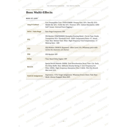 Boss GT-1000 pedal-settings page for 'Seven Nation Army' in The White Stripes Soulster Tonebook, giving parameter-by-parameter amp, cabinet, drive, FX, delay and reverb values in a two-column table. A faint diagonal 'Soulster Tonebook · Preview' watermark repeats across the page.
