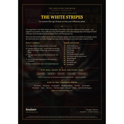 Back cover of The White Stripes Soulster Tonebook — a dark, gold-trimmed design with the title and tagline, a 'what's inside' list, the full 10-song track list, the five modeller rigs and other titles in the Soulster Tonebook series.