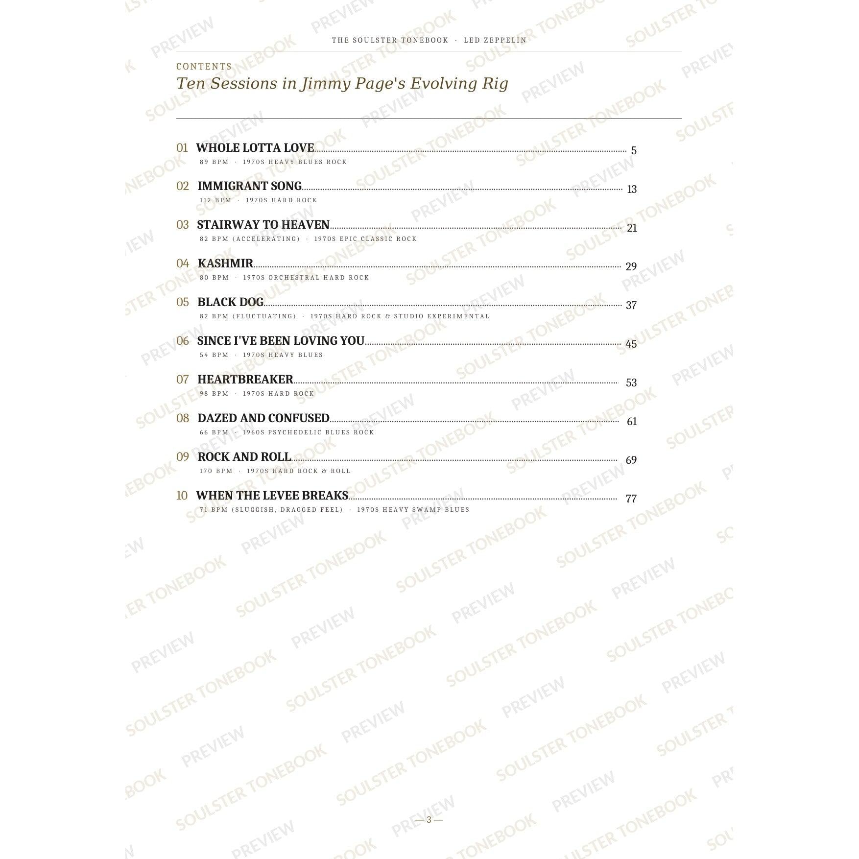 Contents page from the Led Zeppelin Soulster Tonebook, listing all 10 songs with their tempos, genre tags and page numbers in a gold-and-black serif layout. A faint diagonal 'Soulster Tonebook · Preview' watermark repeats across the page.