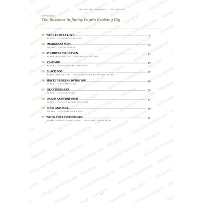 Contents page from the Led Zeppelin Soulster Tonebook, listing all 10 songs with their tempos, genre tags and page numbers in a gold-and-black serif layout. A faint diagonal 'Soulster Tonebook · Preview' watermark repeats across the page.