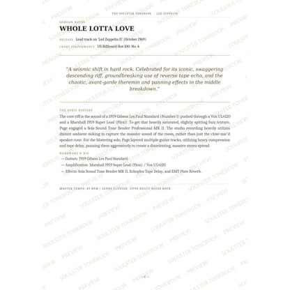 Session-notes page for 'Whole Lotta Love' in the Led Zeppelin Soulster Tonebook, with the track's release and chart history, a summary quote, a short 'sonic history' write-up and the hardware and rig used. A faint diagonal 'Soulster Tonebook · Preview' watermark repeats across the page.