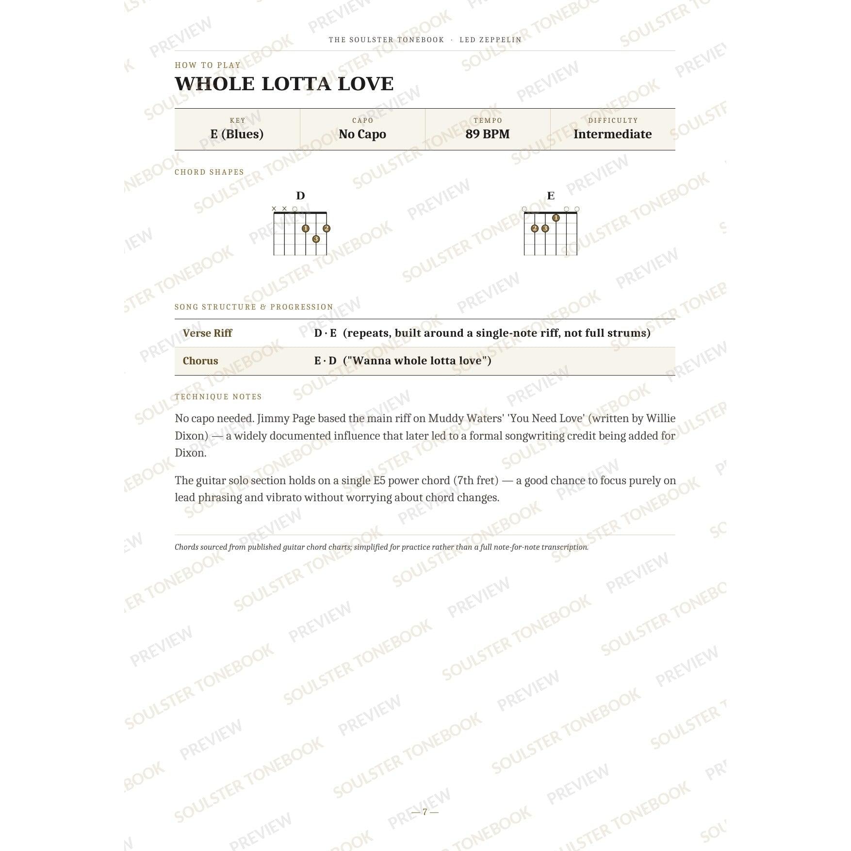 How-to-play page for 'Whole Lotta Love' by Led Zeppelin, showing the key, capo, tempo and difficulty, printed chord-shape diagrams, a song-structure and chord-progression breakdown and technique notes — chord charts only, no lyrics or notation. A faint diagonal 'Soulster Tonebook · Preview' watermark repeats across the page.