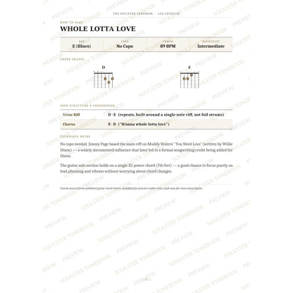 How-to-play page for 'Whole Lotta Love' by Led Zeppelin, showing the key, capo, tempo and difficulty, printed chord-shape diagrams, a song-structure and chord-progression breakdown and technique notes — chord charts only, no lyrics or notation. A faint diagonal 'Soulster Tonebook · Preview' watermark repeats across the page.