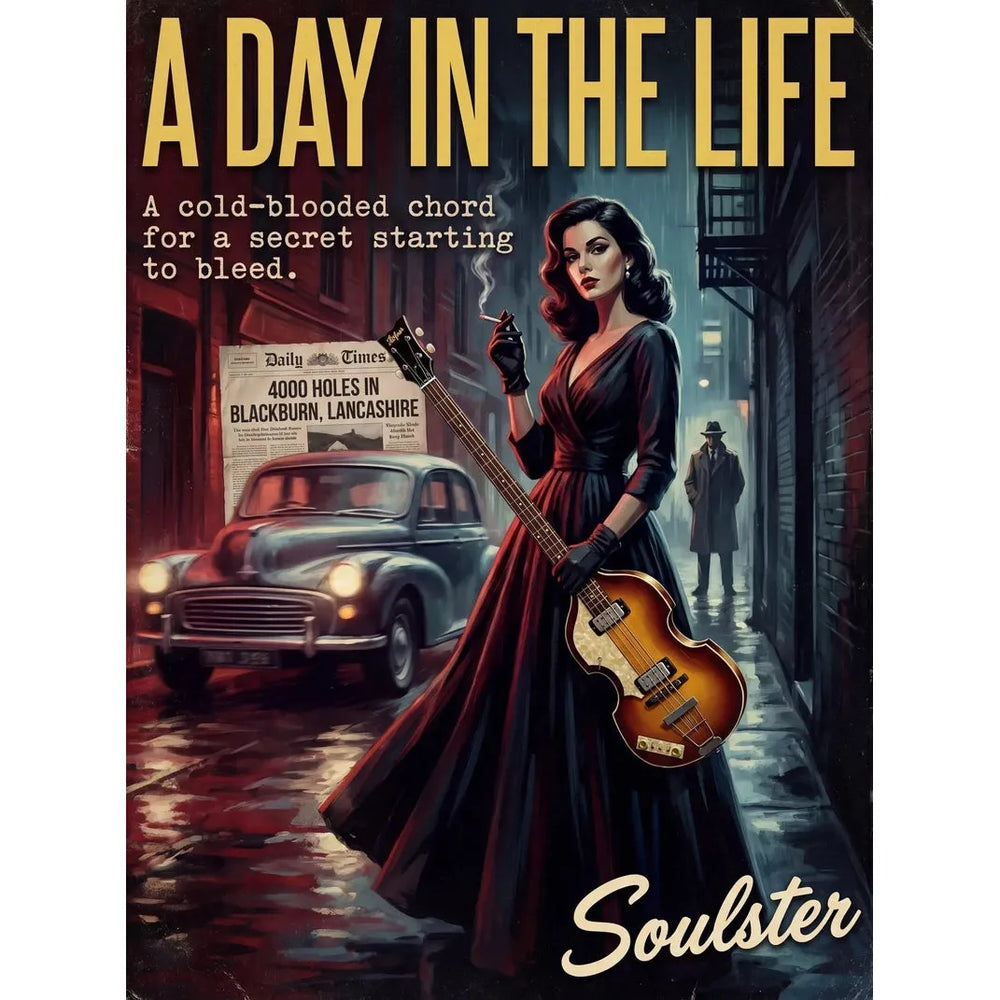 Soulster cinematic vintage pulp book cover art print illustration styled in a classic 1950s design layout inspired by A Day In The Life.