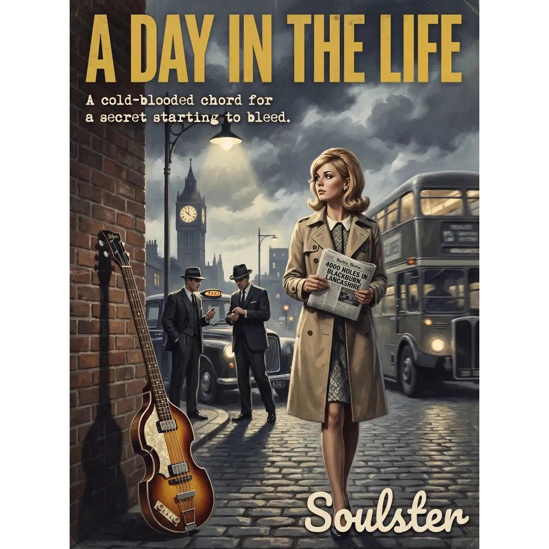 Soulster cinematic vintage pulp book cover art print illustration styled in a classic 1960s design layout inspired by A Day In The Life.