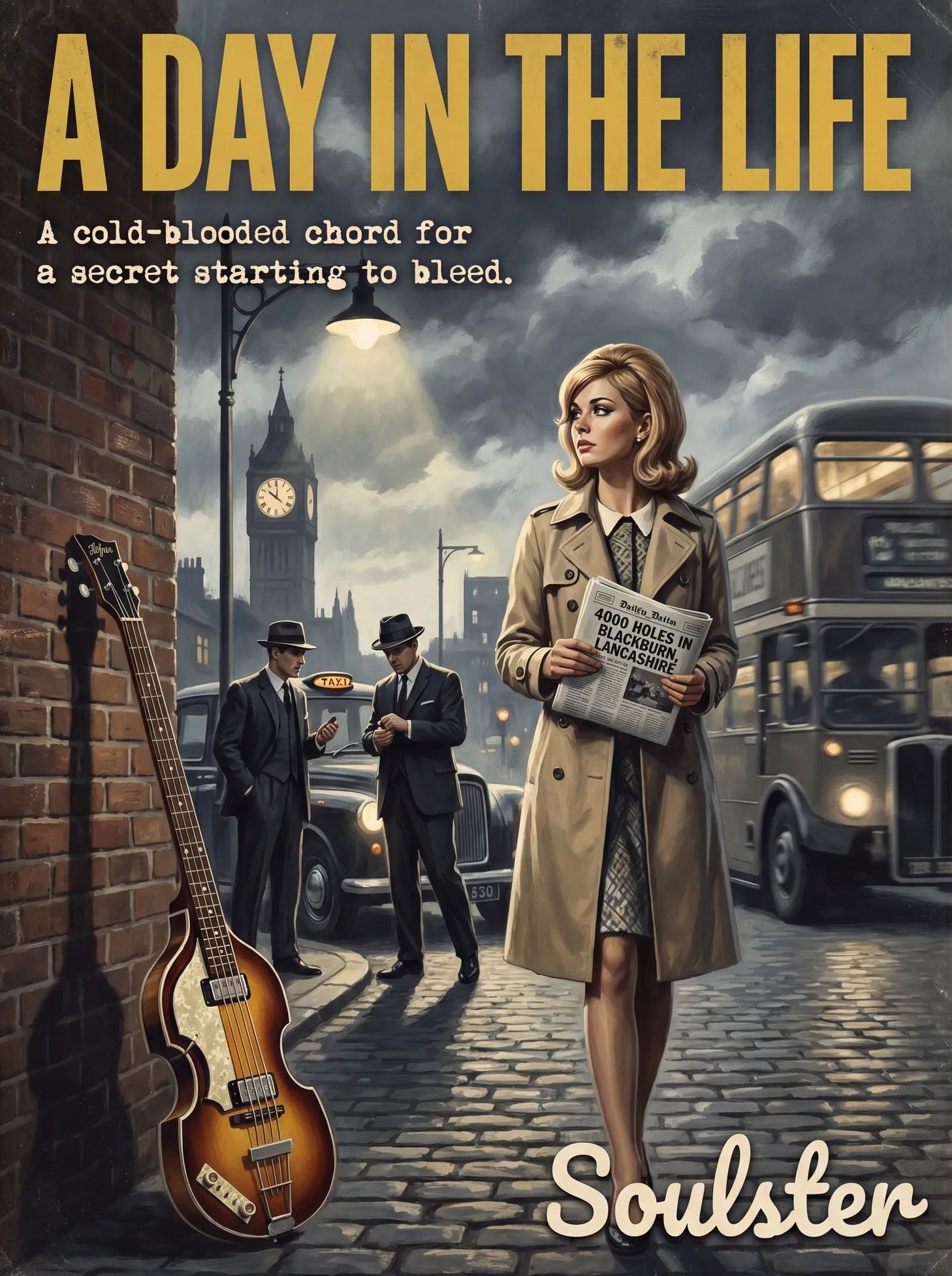 Soulster cinematic vintage pulp book cover art print illustration styled in a classic 1960s design layout inspired by A Day In The Life.