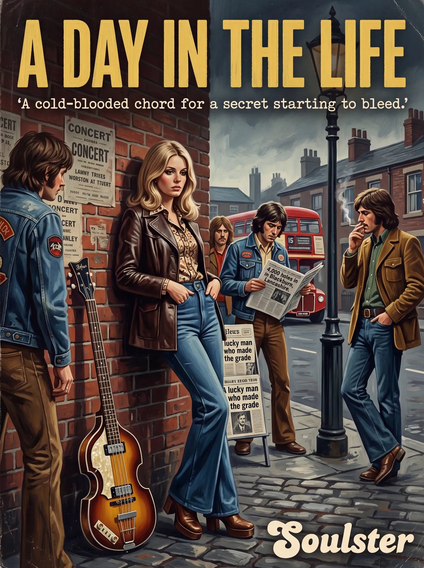 Soulster cinematic vintage pulp book cover art print illustration styled in a classic 1970s design layout inspired by A Day In The Life.