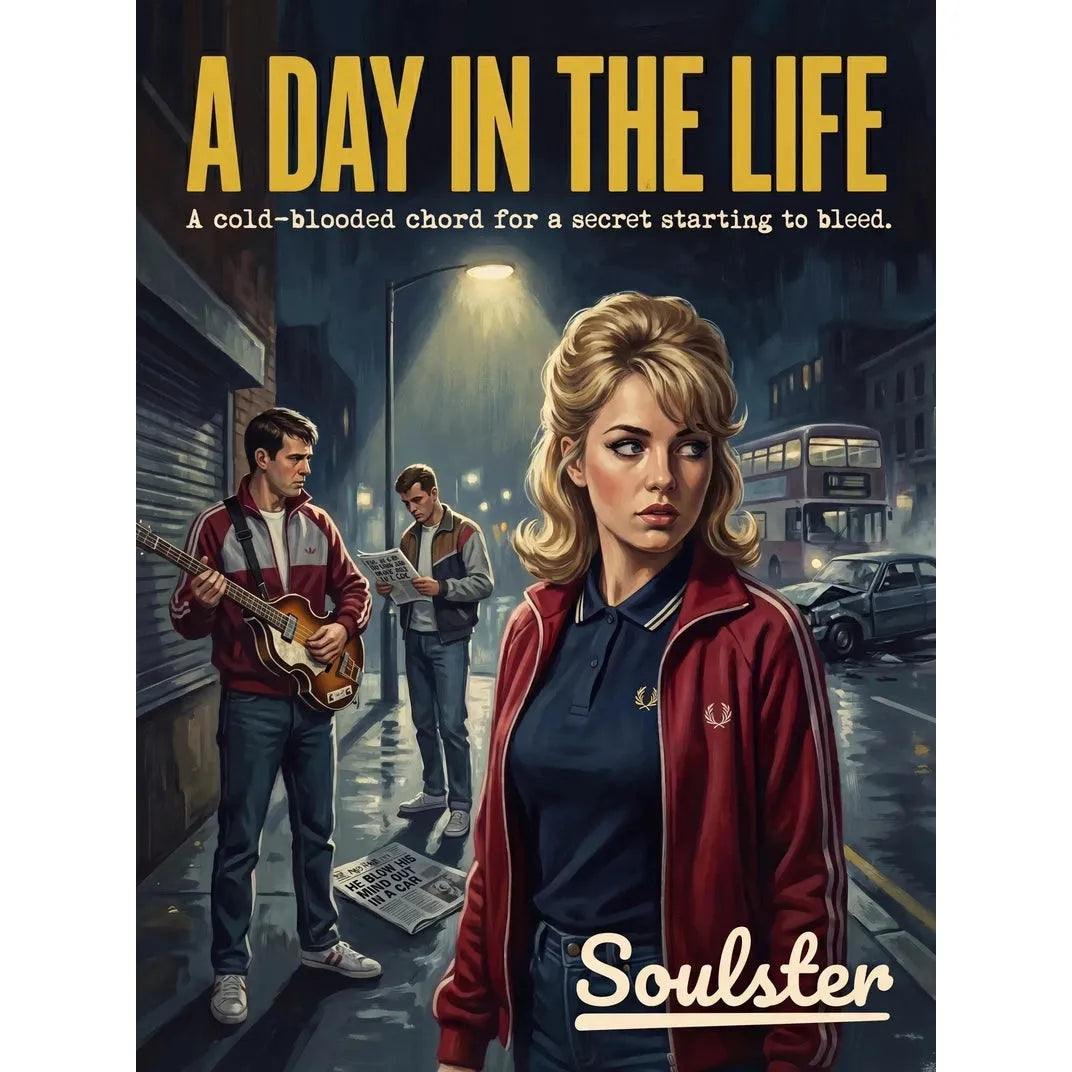 Soulster retro pulp thriller book cover style art print illustration inspired by The Beatles - A Day In The Life.