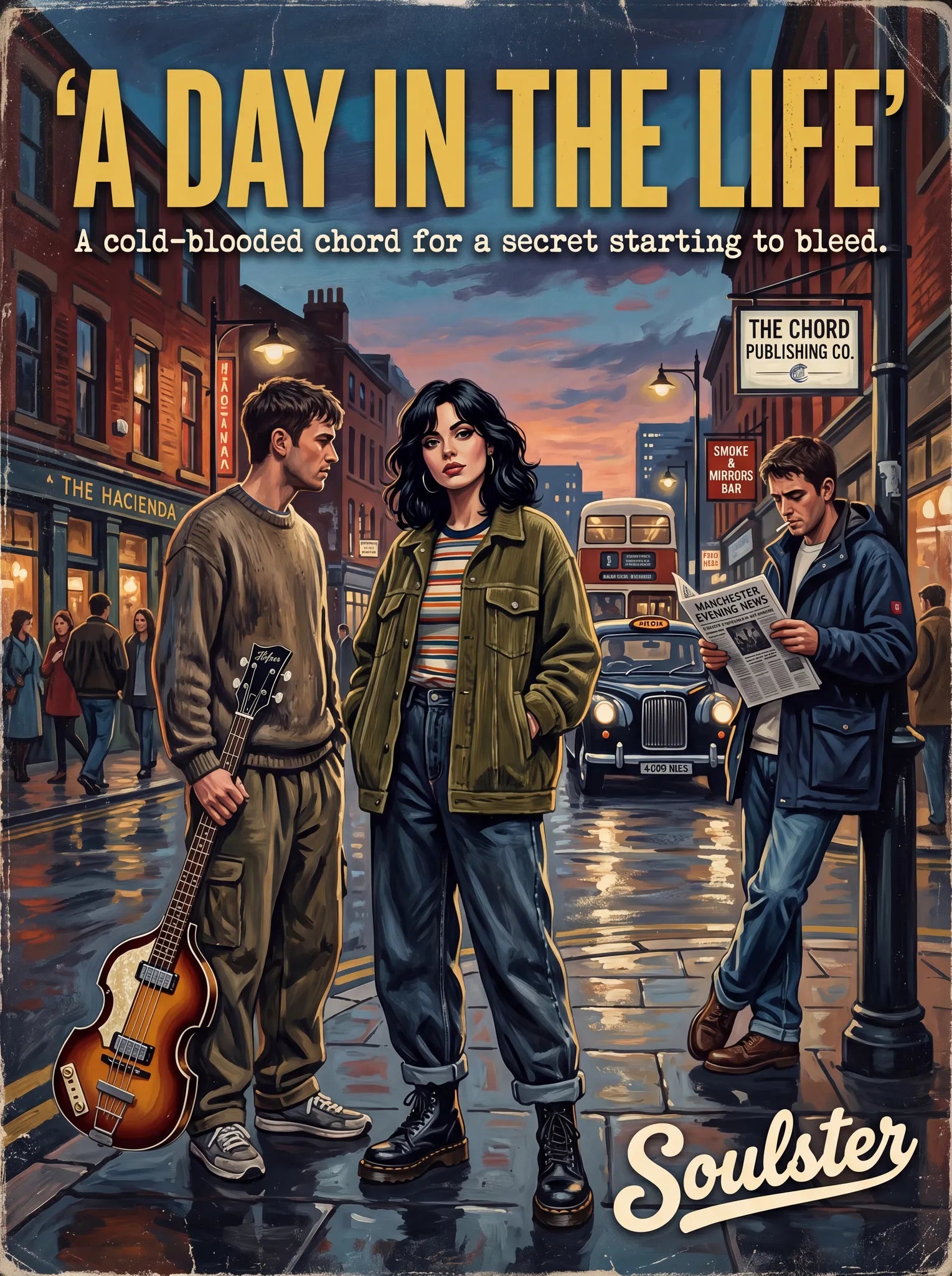 Soulster cinematic vintage pulp book cover art print illustration styled in a classic 1990s design layout inspired by A Day In The Life.