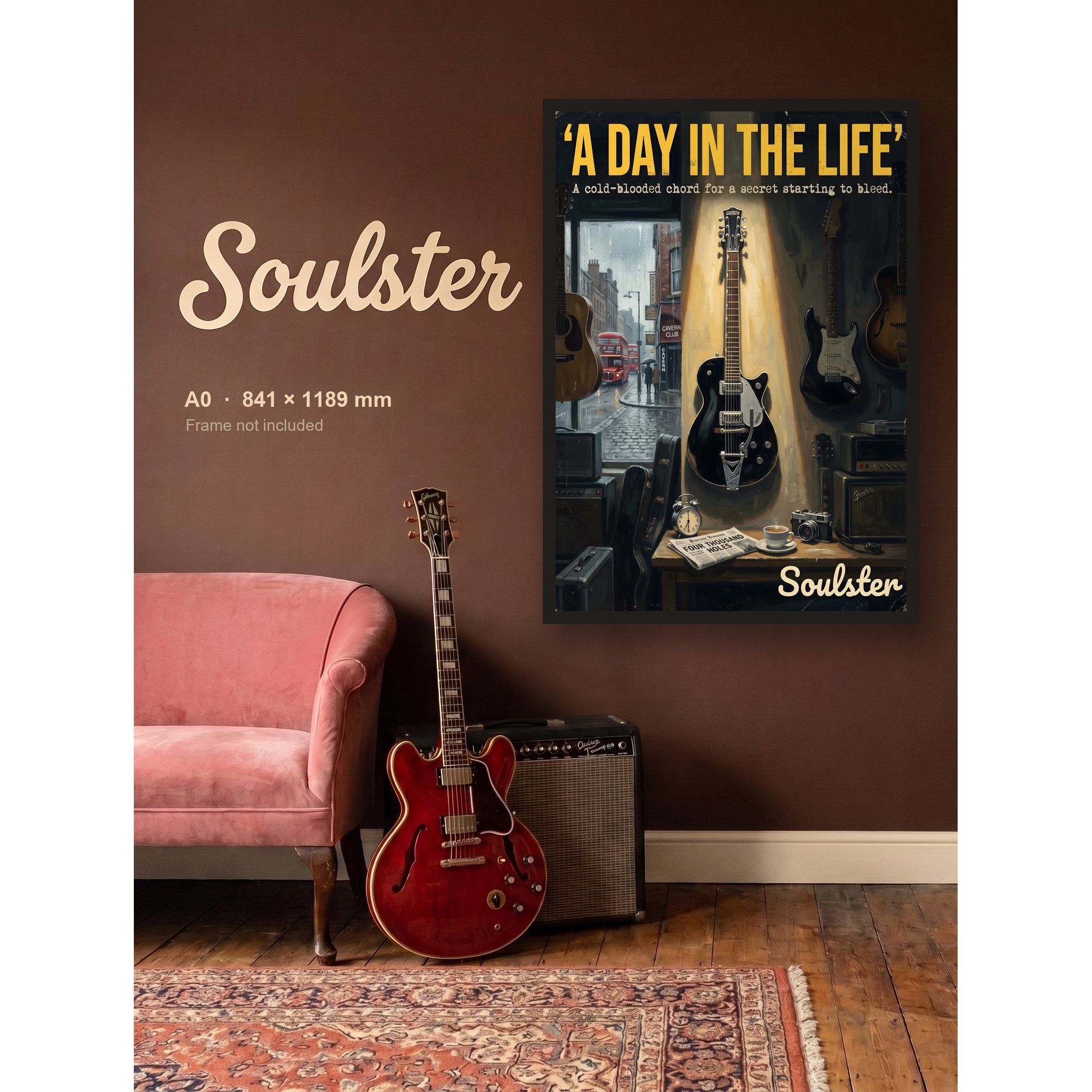 A Day In The Life - Liverpool shown framed on a wall in A0 size. Frame not included.