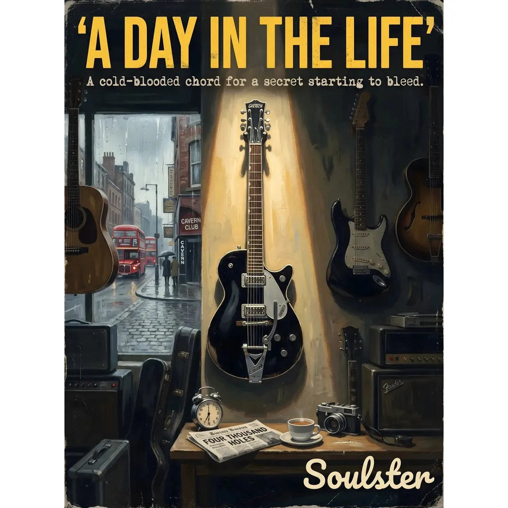 Soulster Manchester Edition wall art print showing a cinematic pulp style design of a Vintage Guitar inspired by A Day In The Life - Liverpool.