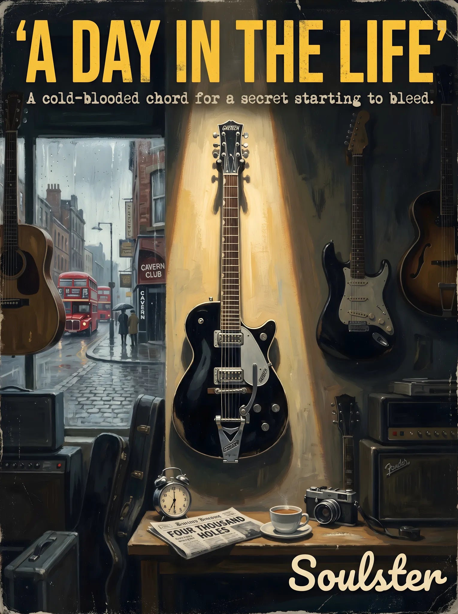 Soulster Manchester Edition wall art print showing a cinematic pulp style design of a Vintage Guitar inspired by A Day In The Life - Liverpool.