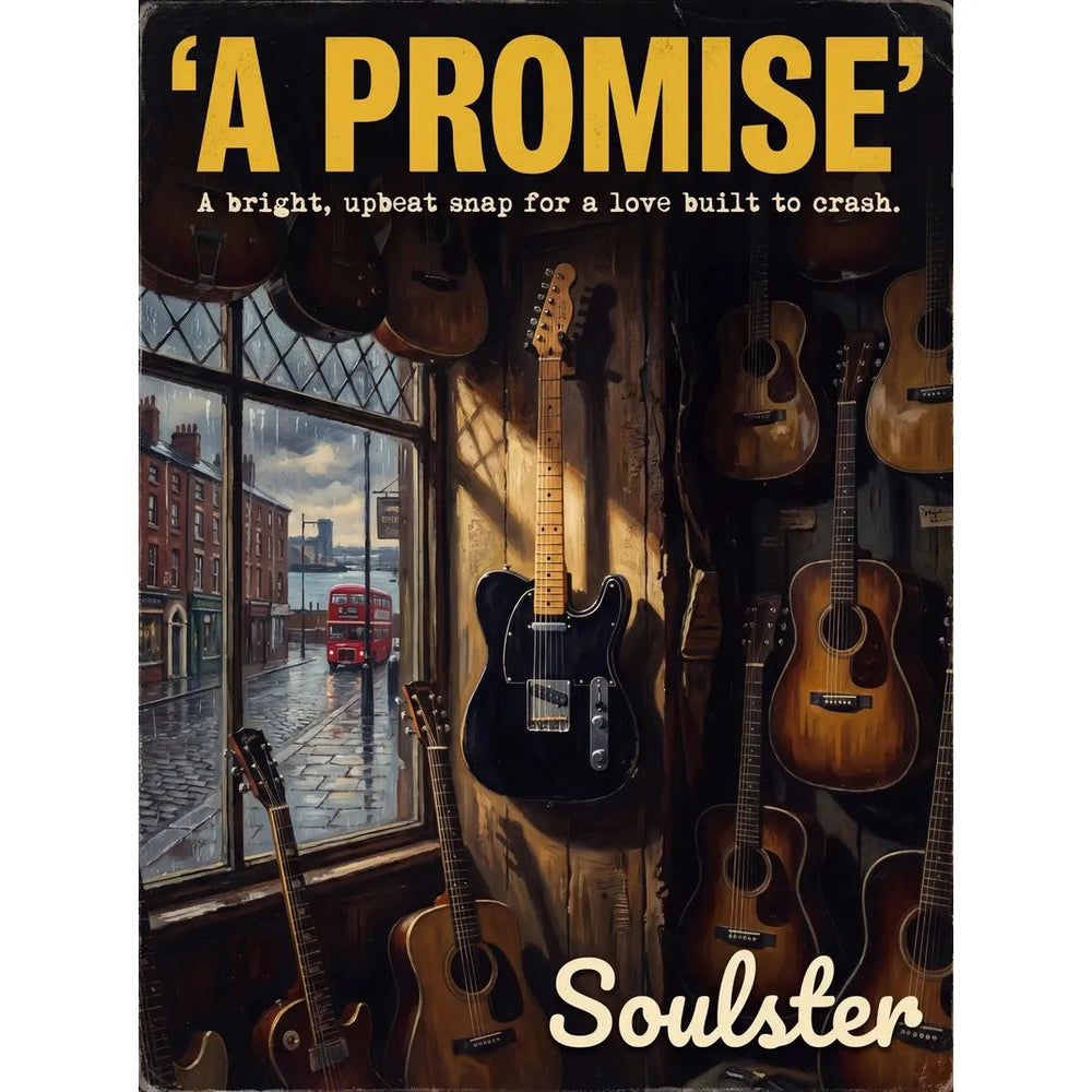 Soulster Manchester Edition wall art print showing a cinematic pulp style design of a Vintage Guitar inspired by A Promise - Liverpool.