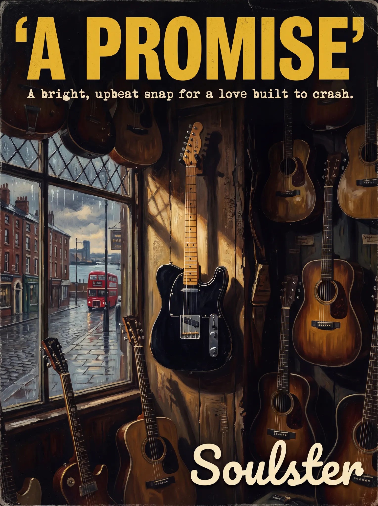 Soulster Manchester Edition wall art print showing a cinematic pulp style design of a Vintage Guitar inspired by A Promise - Liverpool.