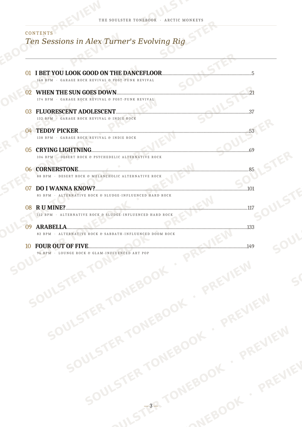 A printed table of contents page from a book, showing chapter and section headings with page numbers. The page has a white background with black text and repeated diagonal Soulster watermark text across it.