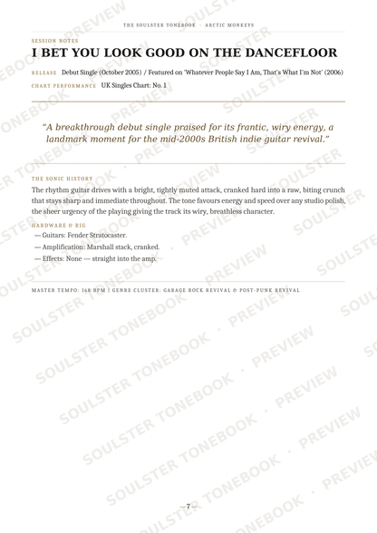 A single-page music book cover or liner note page for the band The Melody Tomebo, featuring the track title 'I BET YOU LOOK GOOD ON THE DANCEFLOOR' with release details, a quote, music history, and track listing text on a white background with diagonal watermark text.