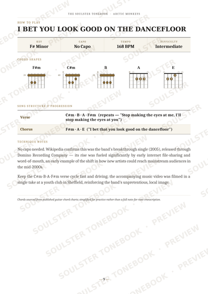 A printed sheet music page for the song 'I Bet You Look Good on the Dancefloor' by The Monster from Arctic Monkeys. The page includes the song title, artist, key (F minor), tempo (168 BPM), difficulty (intermediate), chord diagrams for Fm, Cm, B, A, and E chords, a verse and chorus section, and a brief history note.