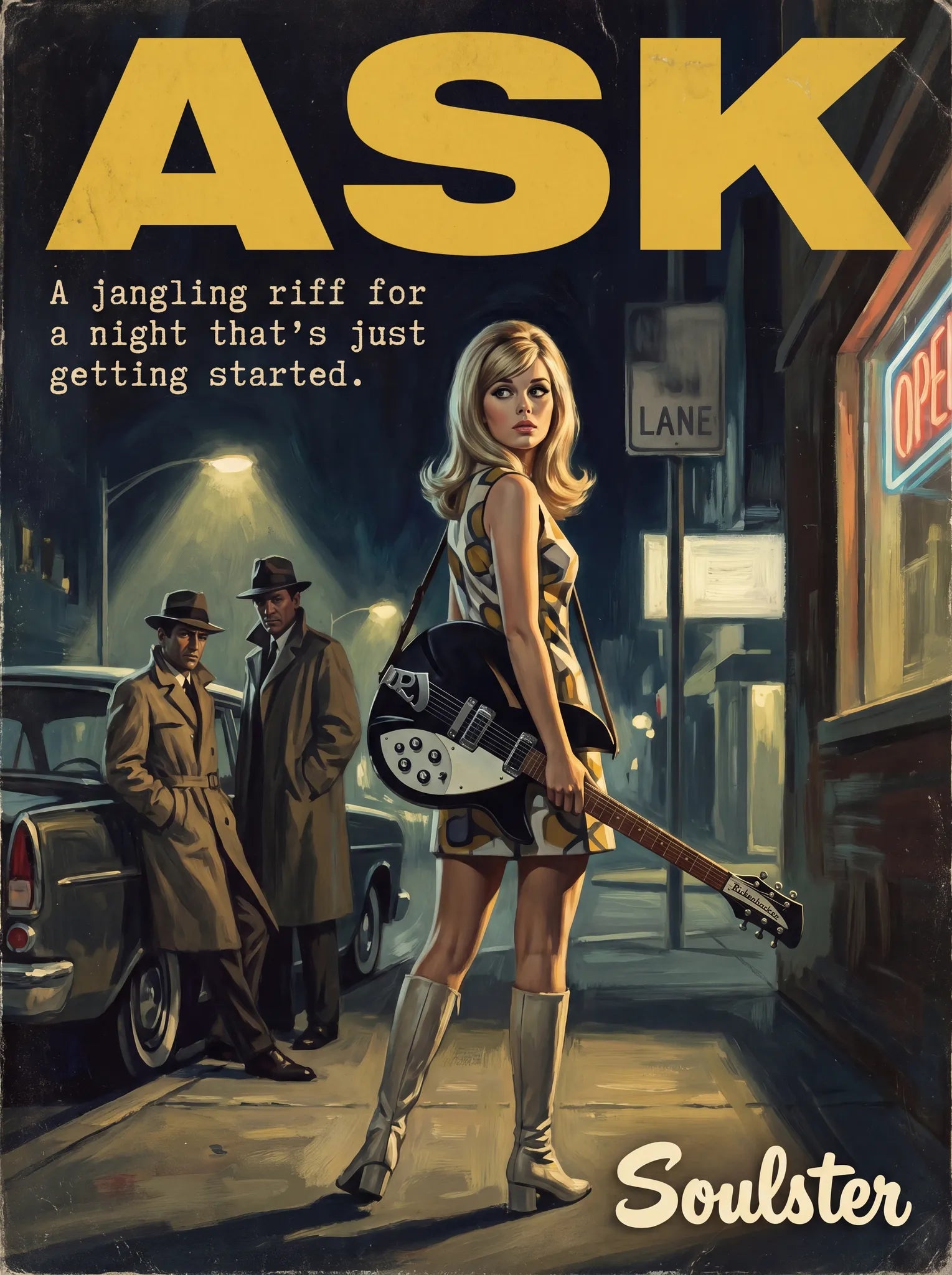 Soulster cinematic vintage pulp book cover art print illustration styled in a classic 1960s design layout inspired by Ask.