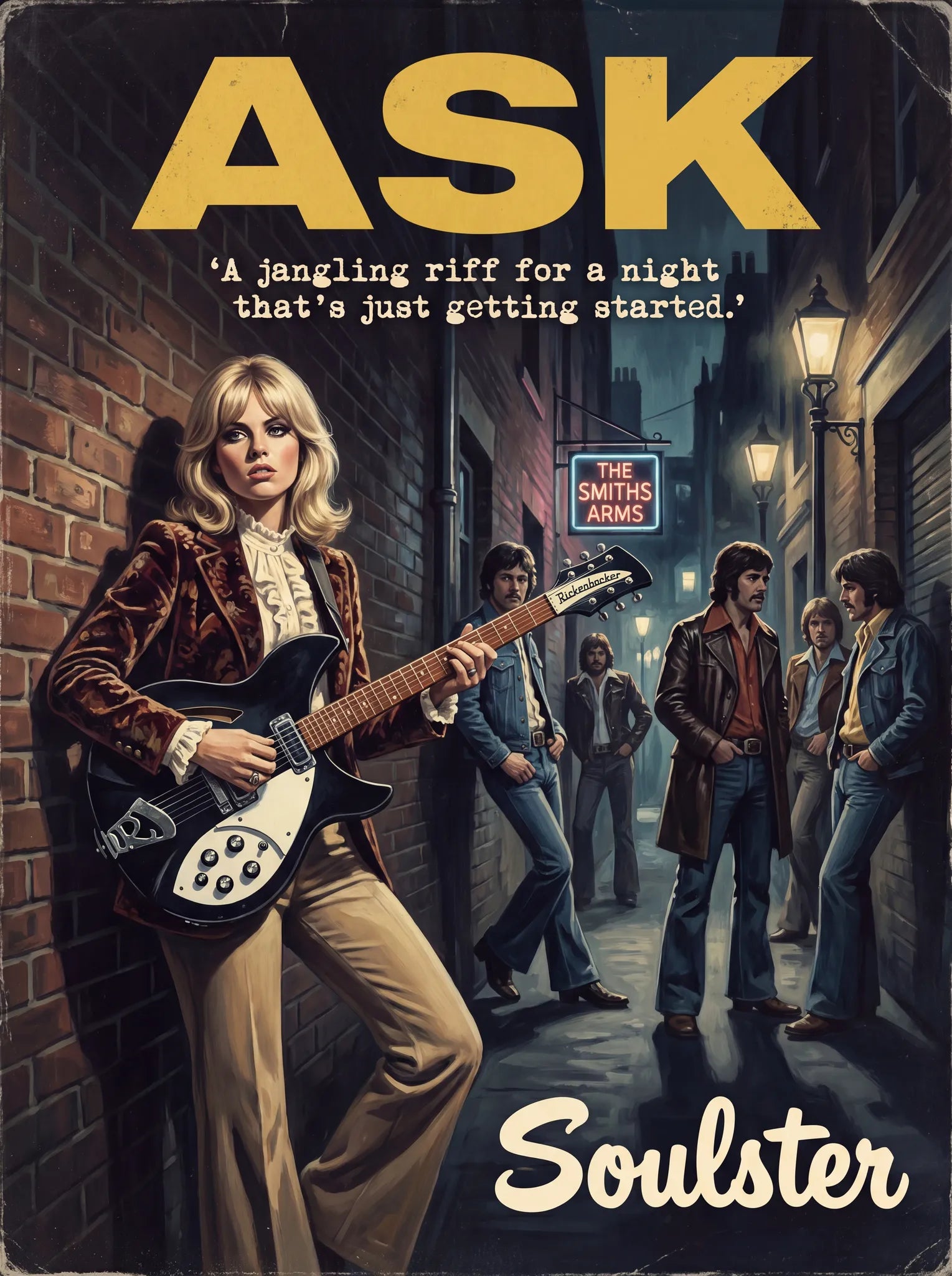 Soulster cinematic vintage pulp book cover art print illustration styled in a classic 1970s design layout inspired by Ask.