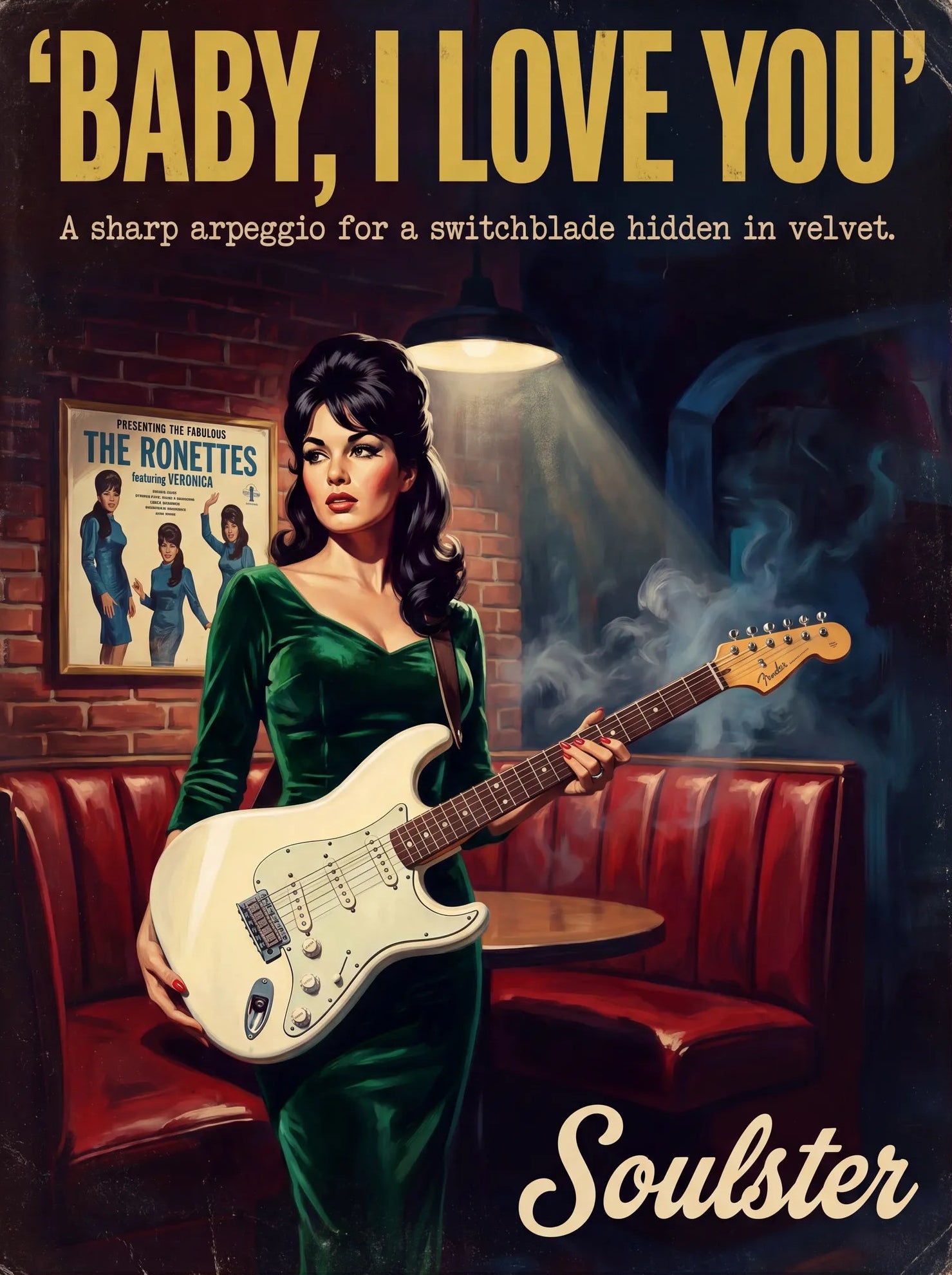 Soulster cinematic vintage pulp book cover art print illustration styled in a classic 1950s theme inspired by Baby, I Love You.