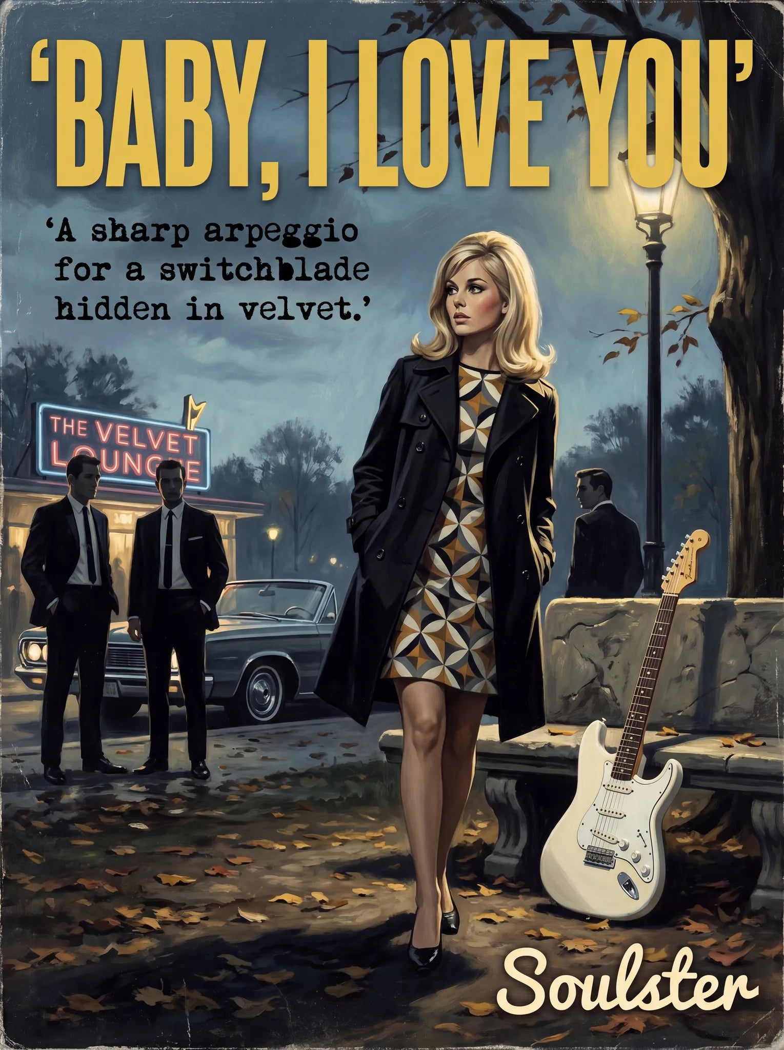 Soulster cinematic vintage pulp book cover art print illustration styled in a classic 1960s theme inspired by Baby, I Love You.
