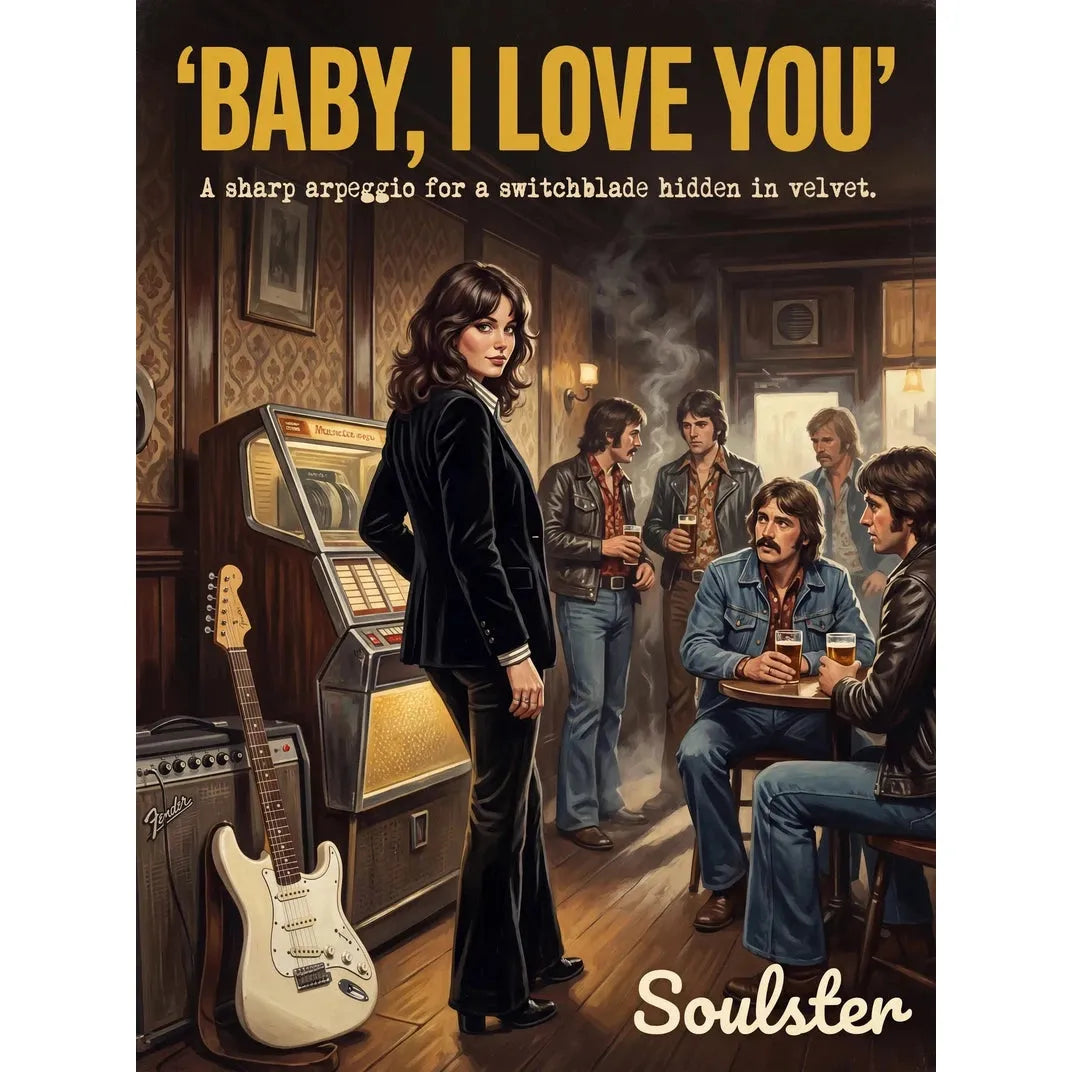 Soulster cinematic vintage pulp book cover art print illustration styled in a classic 1970s theme inspired by Baby, I Love You.
