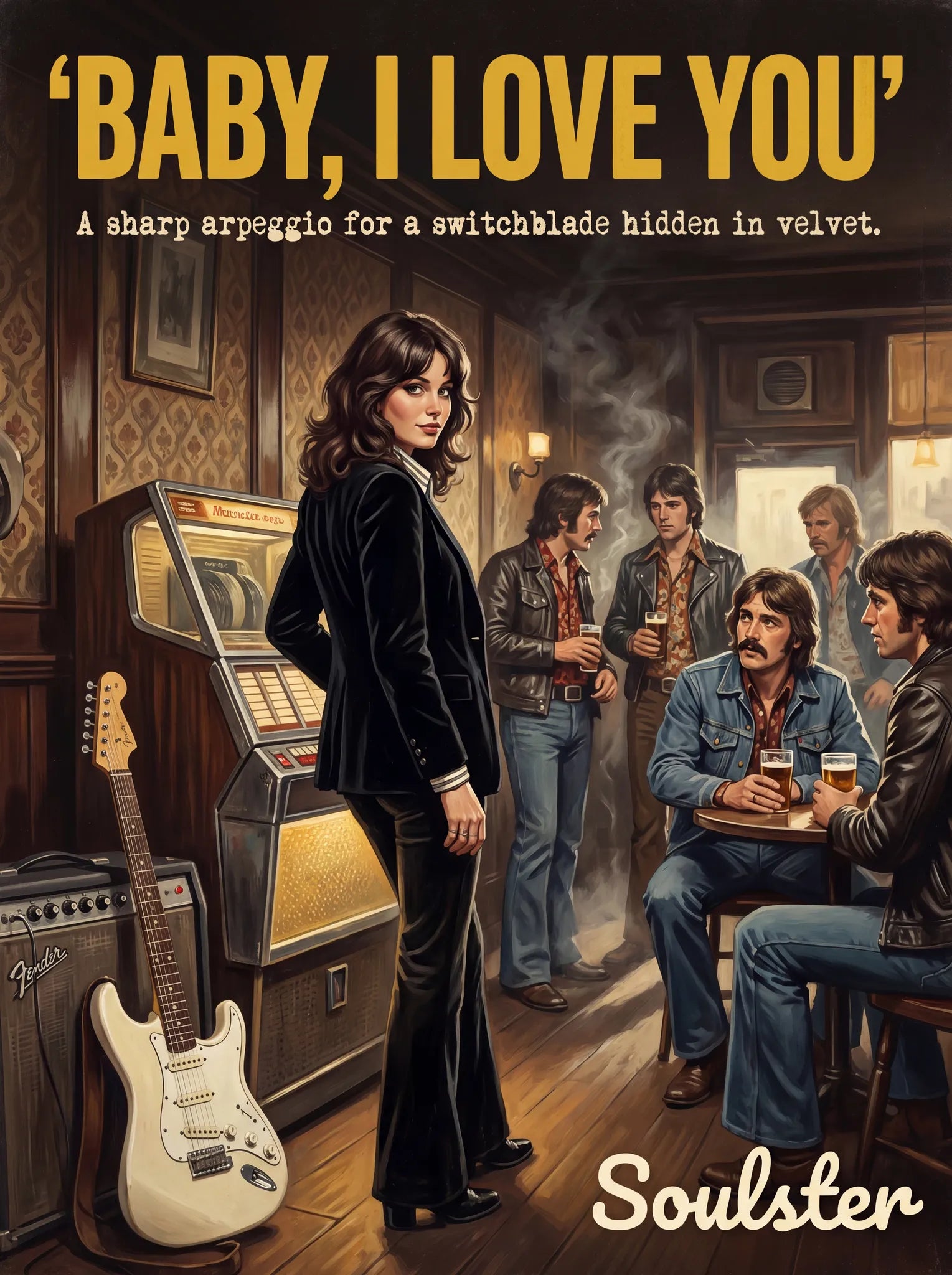 Soulster cinematic vintage pulp book cover art print illustration styled in a classic 1970s theme inspired by Baby, I Love You.