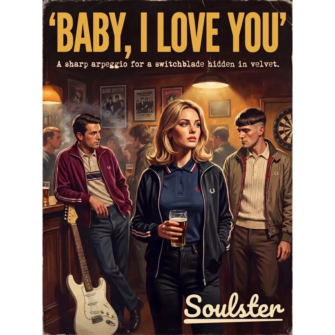 Soulster retro pulp thriller book cover style art print illustration inspired by Alternative Indie - Baby, I Love You.