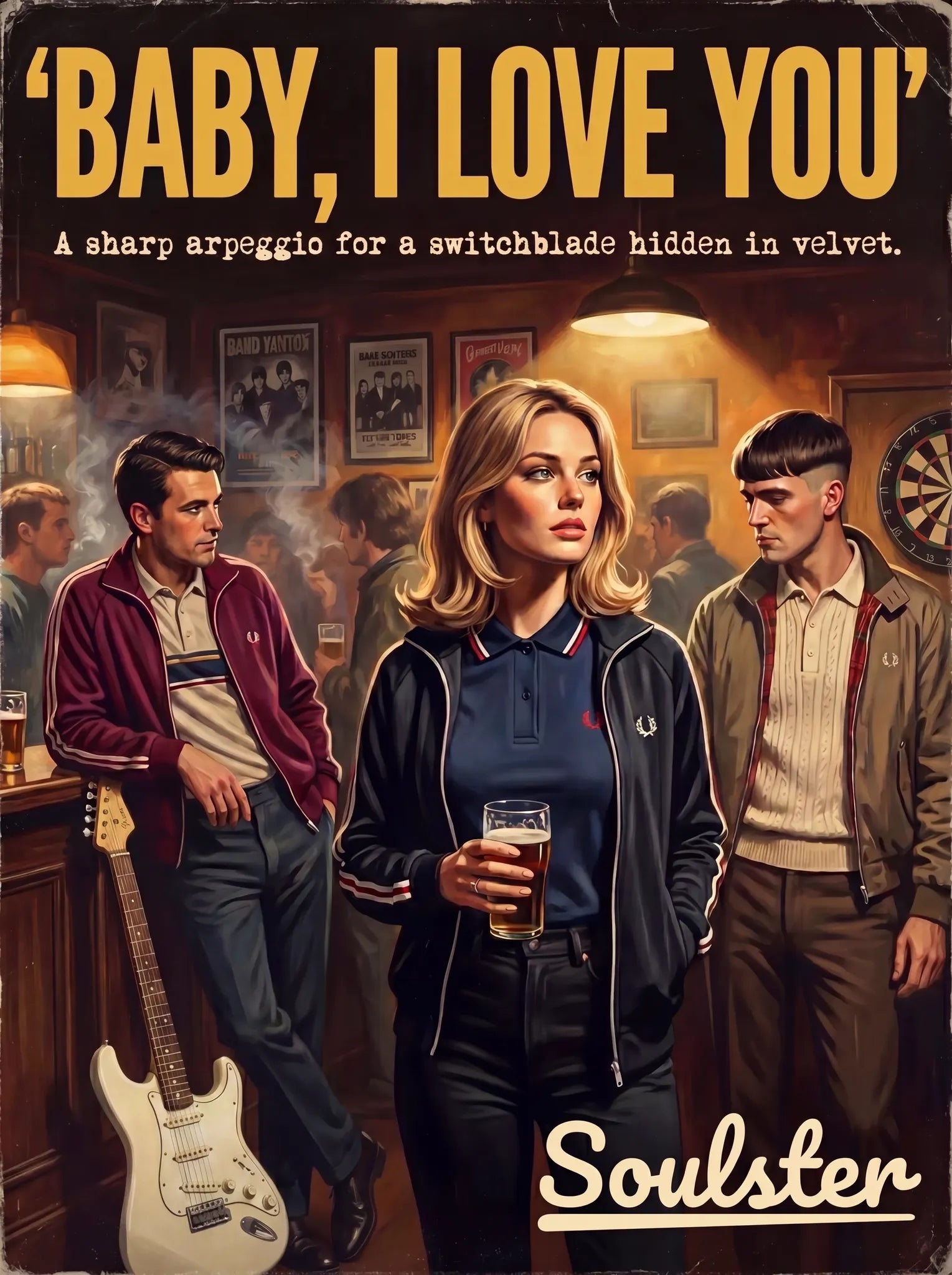 Soulster retro pulp thriller book cover style art print illustration inspired by Alternative Indie - Baby, I Love You.