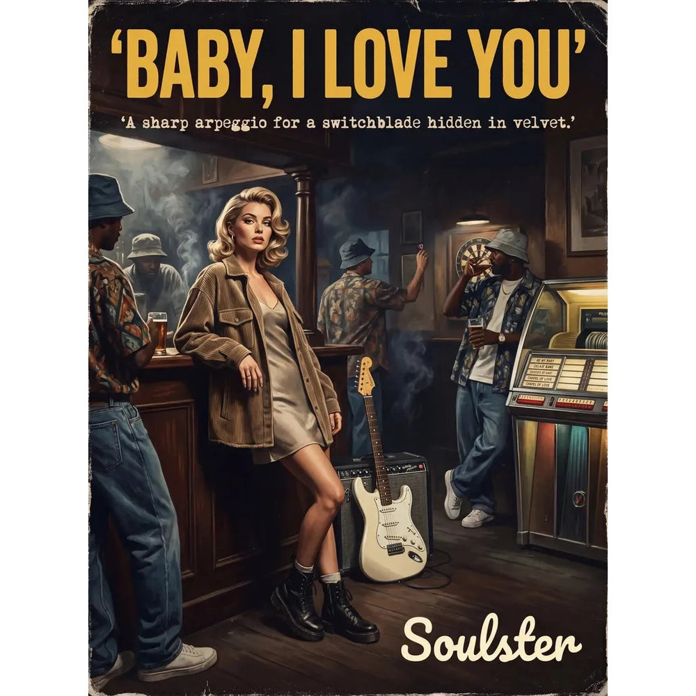 Soulster cinematic vintage pulp book cover art print illustration styled in a classic 1990s theme inspired by Baby, I Love You.
