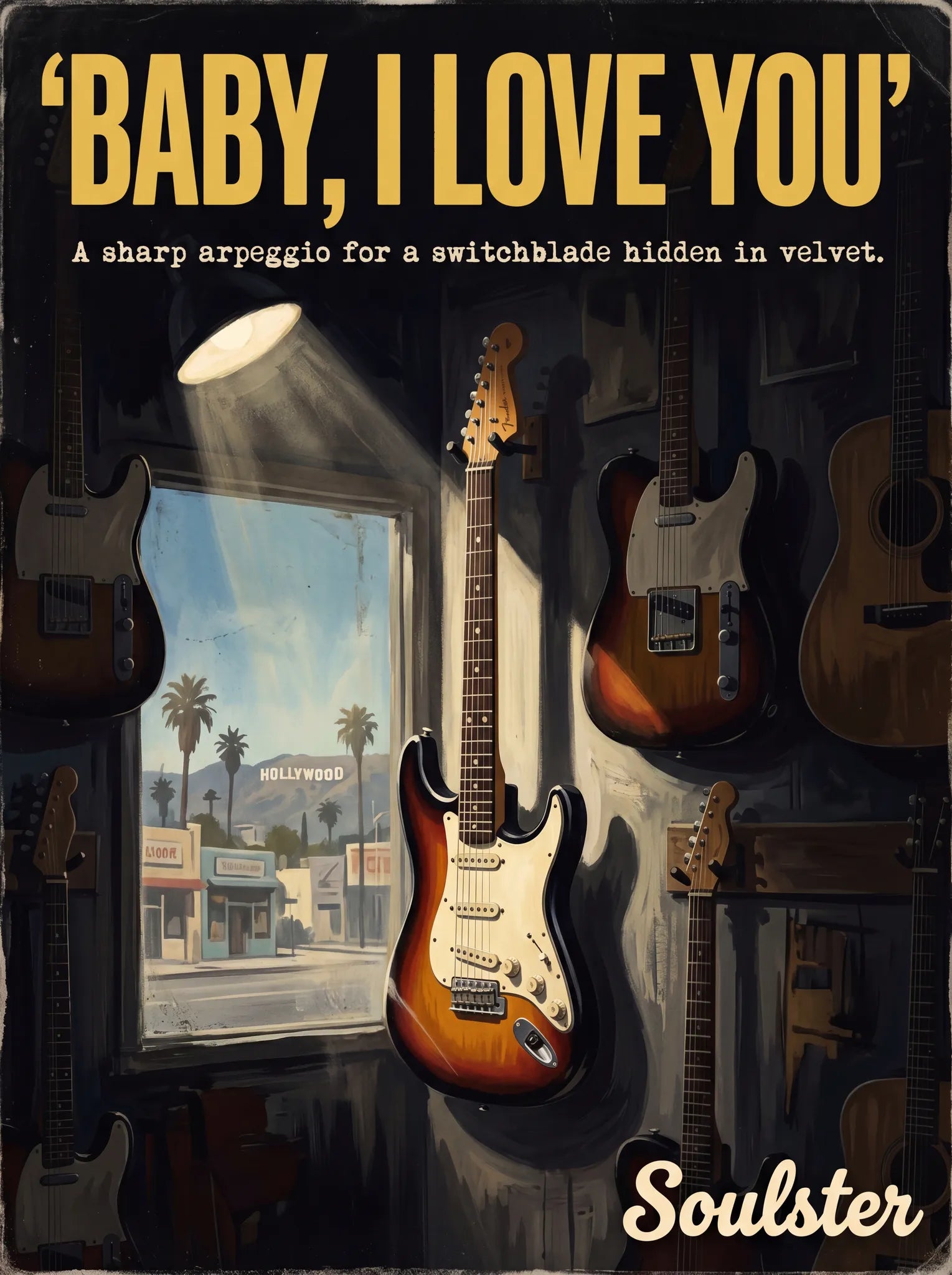 Soulster Manchester Edition wall art print showing a cinematic pulp style design of a Vintage Guitar inspired by Baby, I Love You - Los Angeles.