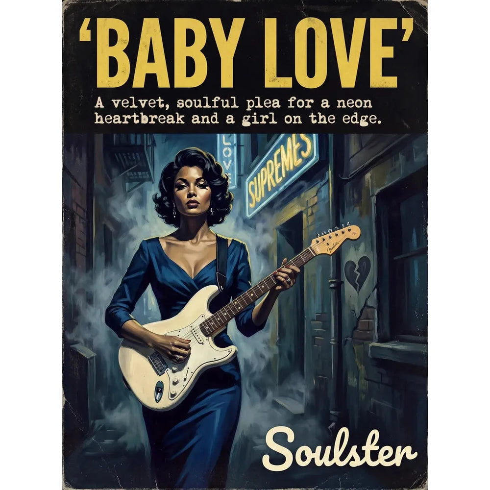 Soulster cinematic vintage pulp book cover art print illustration styled in a classic 1950s theme inspired by Baby Love.