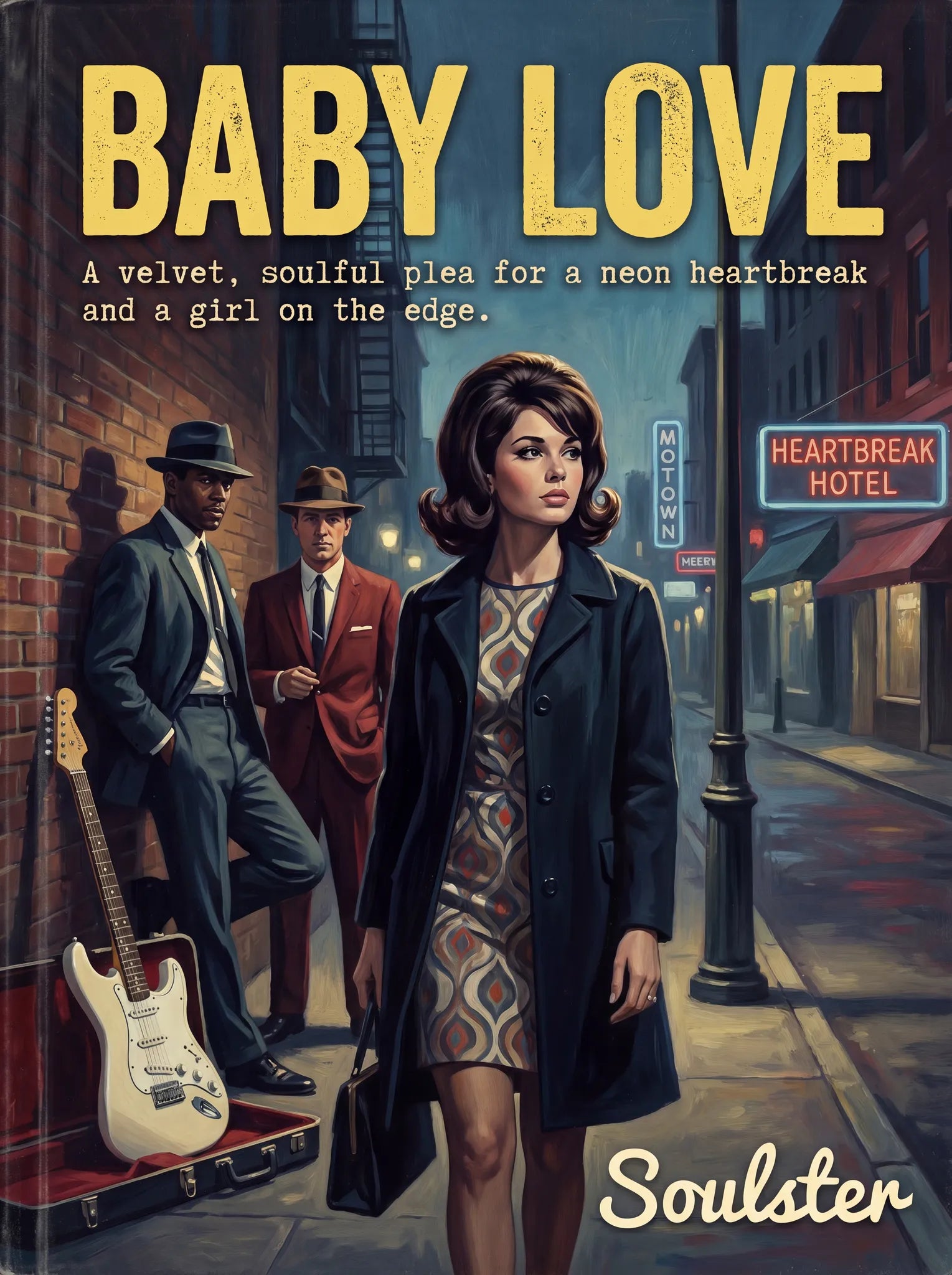 Soulster cinematic vintage pulp book cover art print illustration styled in a classic 1960s theme inspired by Baby Love.
