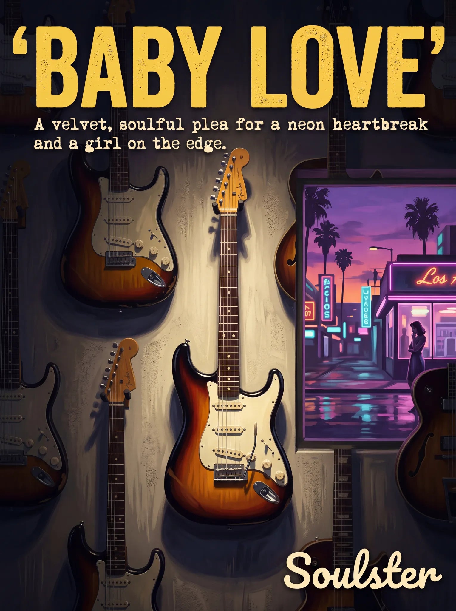 Soulster Manchester Edition wall art print showing a cinematic pulp style design of a Vintage Guitar inspired by Baby Love - Los Angeles.