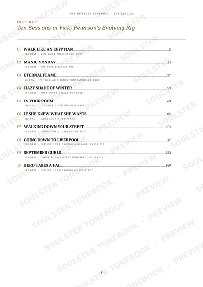 A printed table of contents page from a book, titled 'Ten Sessions in Vicki Peterson's Evolving Rig,' with numbered sections and page numbers. The page is light gray with black text and repeated diagonal 'SOULSTER PREVIEW' watermarks across it.