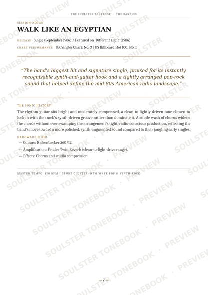 A printed page with the title 'WALK LIKE AN EGYPTIAN' and multiple paragraphs of text, including a quote and a 'MASTER TEMPO: 120 BPM' line, shown on a white page with diagonal 'SOUL TONE HOMER' watermarks.