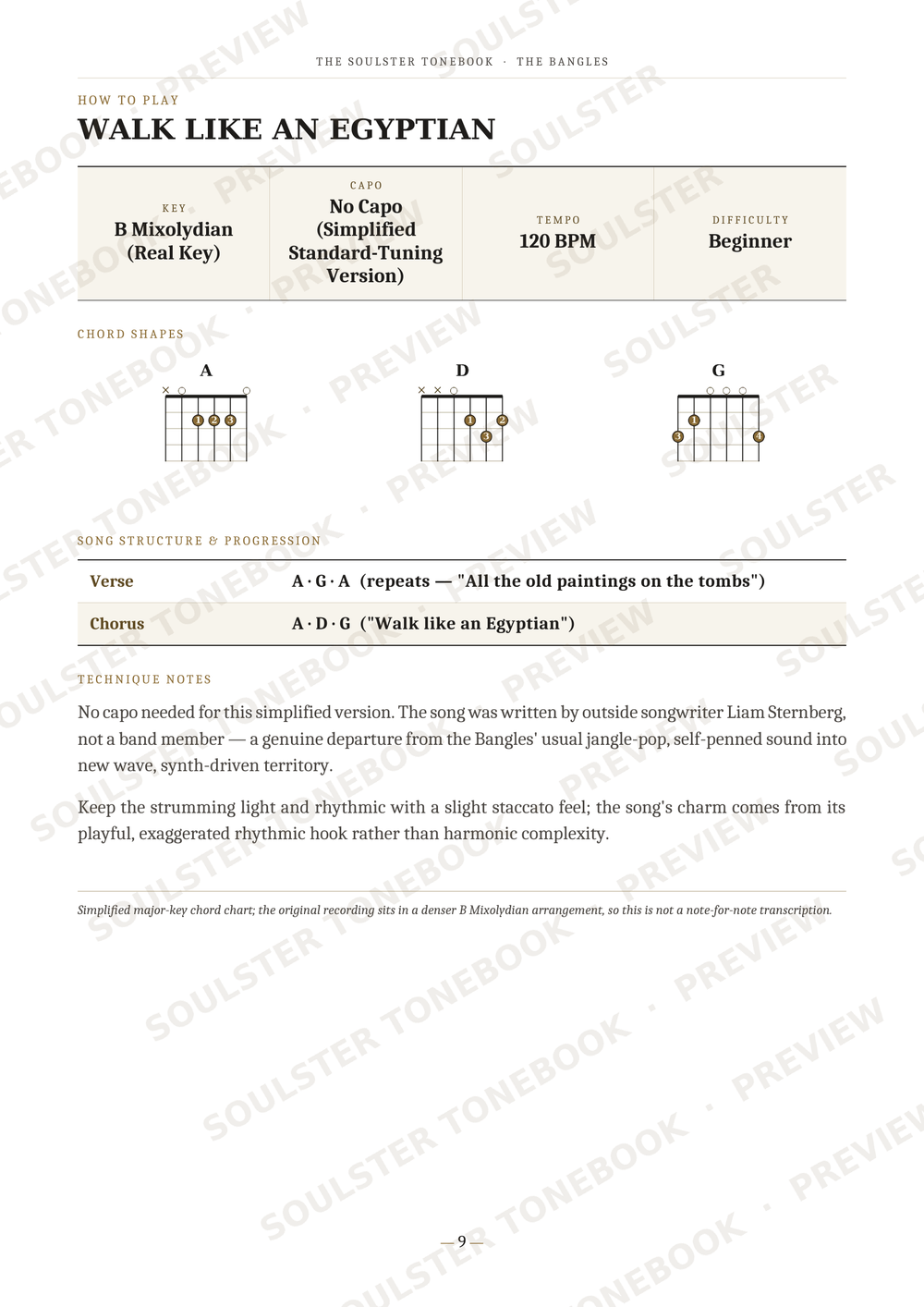 A guitar instruction sheet titled 'WALK LIKE AN EGYPTIAN' from The Soulster Tuning Book, showing chord diagrams for B Mixolydian (EAD/G), Capo Simplified Standard-Tuning Version (D), and Capo Simplified (G), along with verse and chorus lyrics and tuning notes.
