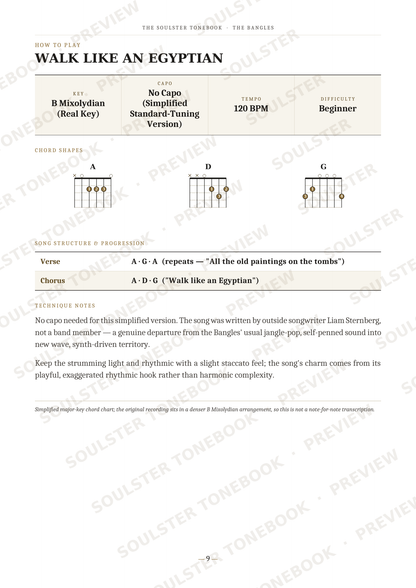 A guitar instruction sheet titled 'WALK LIKE AN EGYPTIAN' from The Soulster Tuning Book, showing chord diagrams for B Mixolydian (EAD/G), Capo Simplified Standard-Tuning Version (D), and Capo Simplified (G), along with verse and chorus lyrics and tuning notes.