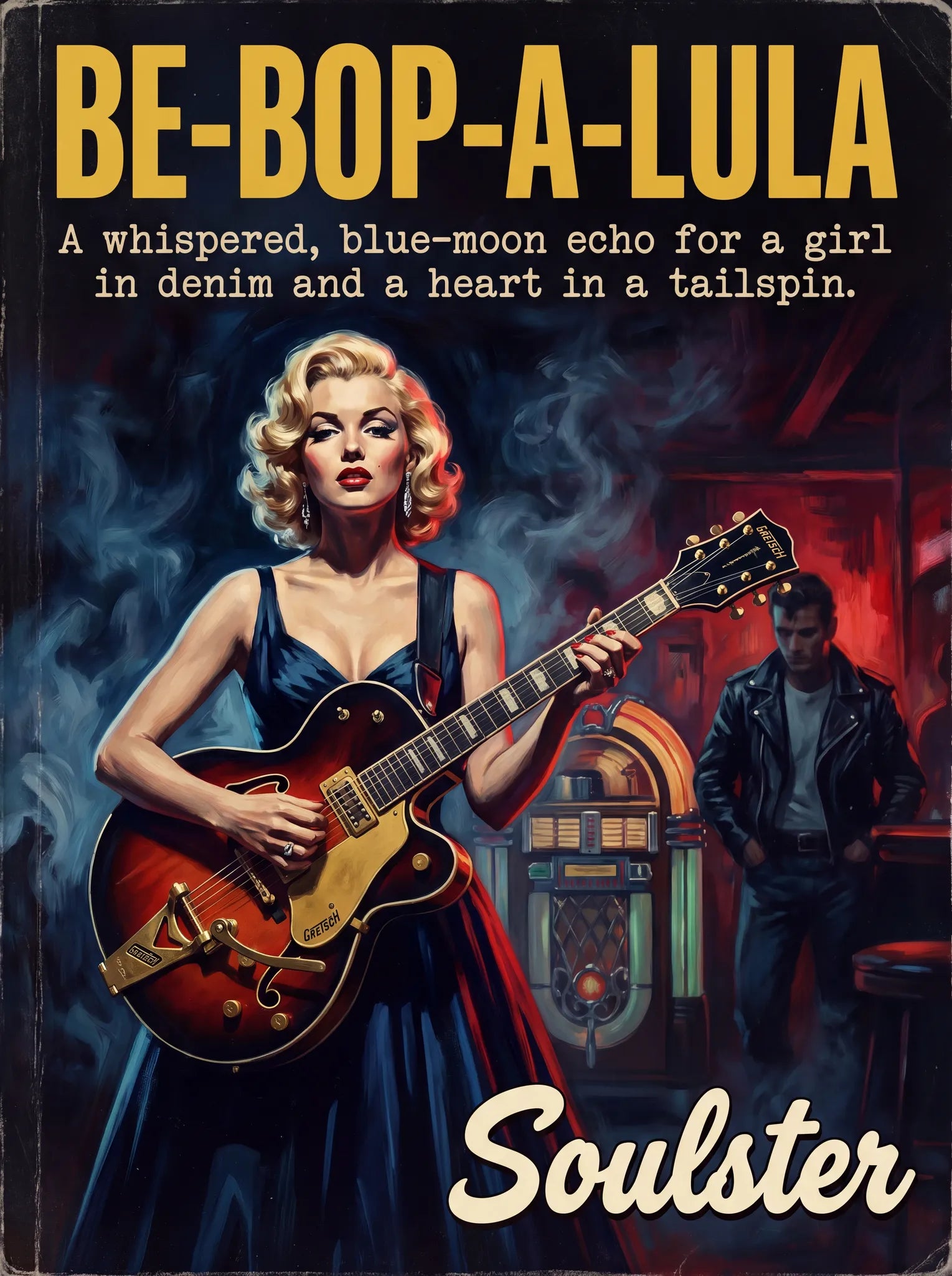 Soulster cinematic vintage pulp book cover art print illustration styled in a classic 1950s theme inspired by Be-Bop-A-Lula.