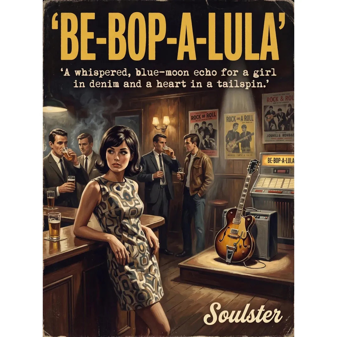 Soulster cinematic vintage pulp book cover art print illustration styled in a classic 1960s theme inspired by Be-Bop-A-Lula.