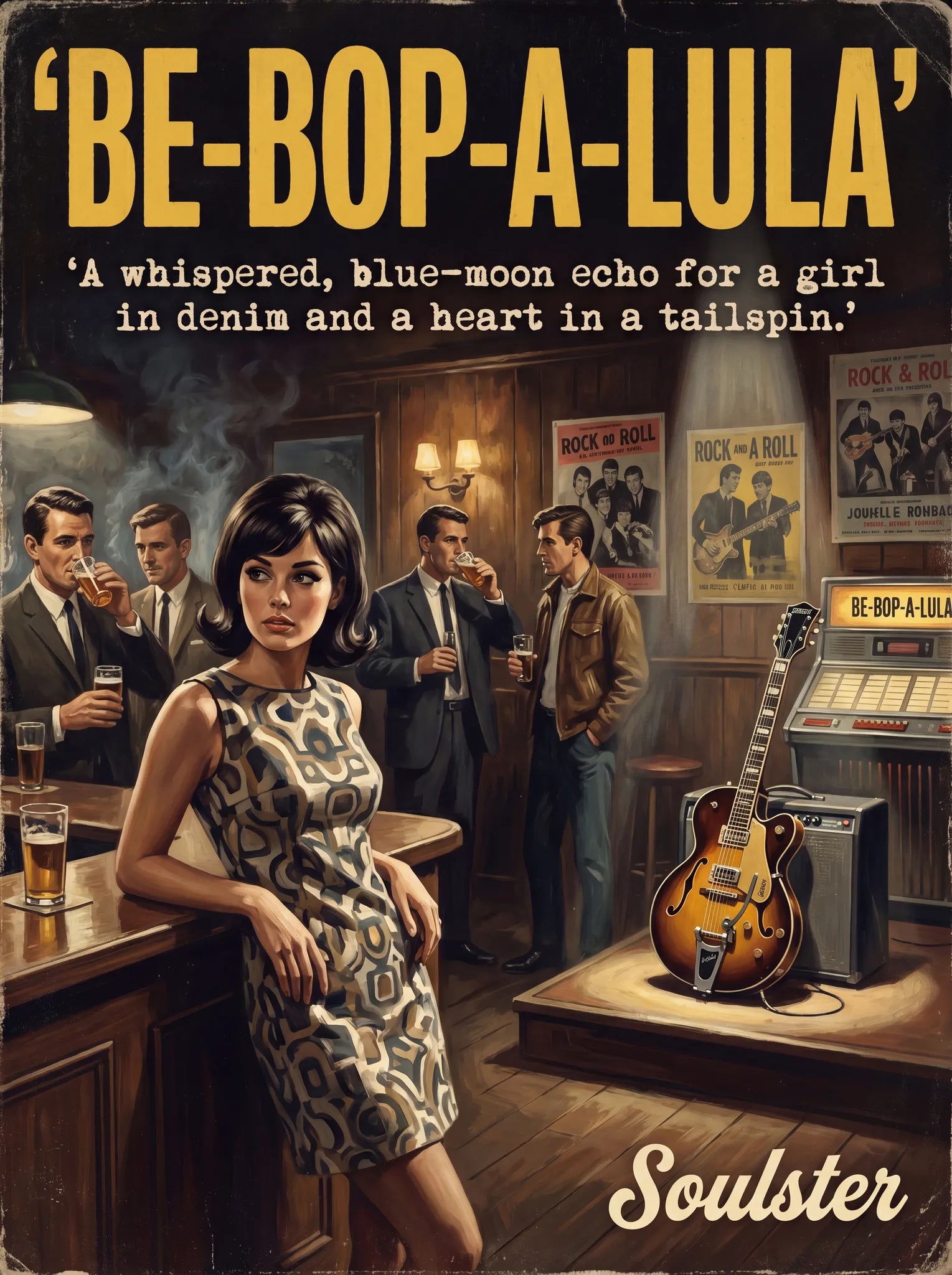 Soulster cinematic vintage pulp book cover art print illustration styled in a classic 1960s theme inspired by Be-Bop-A-Lula.