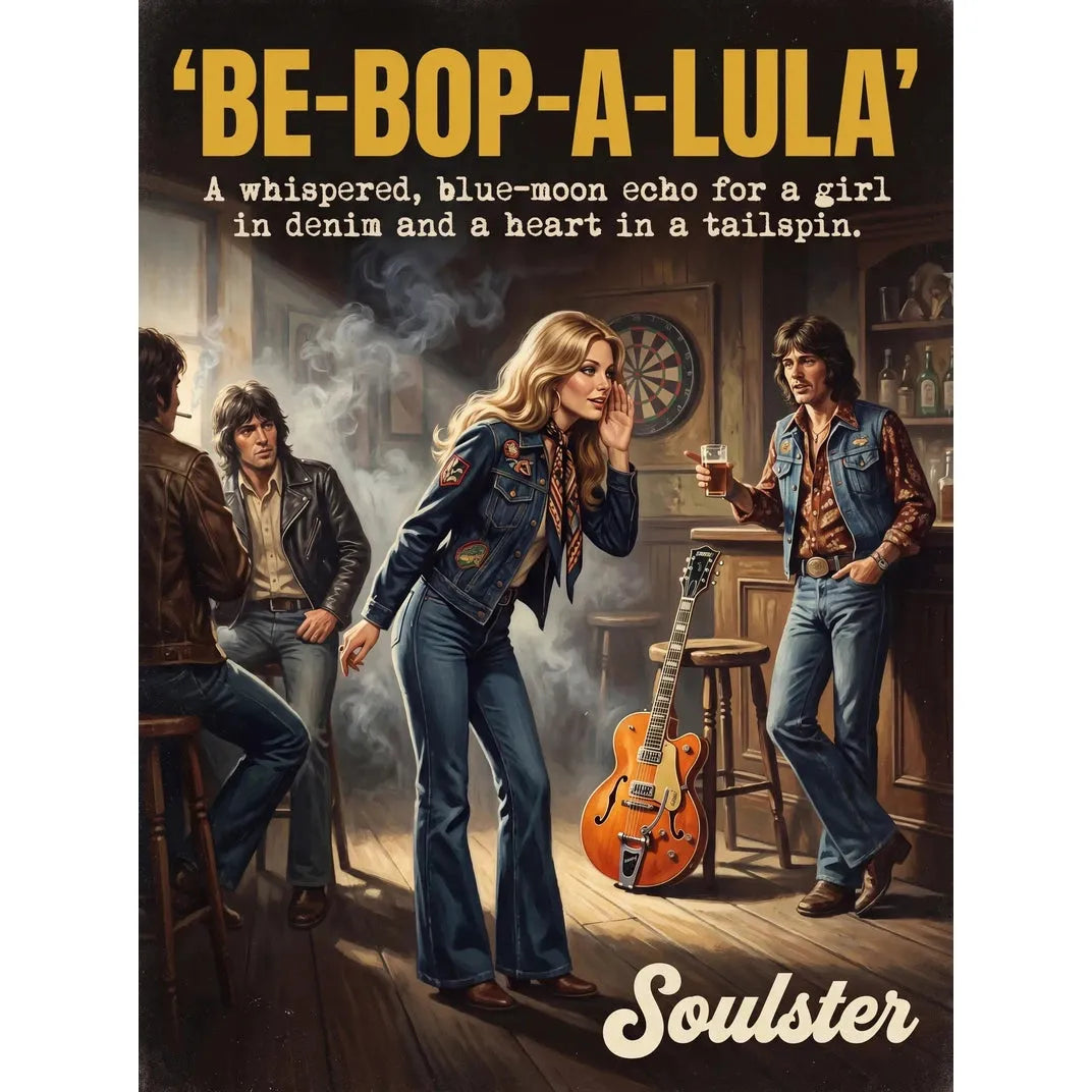 Soulster cinematic vintage pulp book cover art print illustration styled in a classic 1970s theme inspired by Be-Bop-A-Lula.
