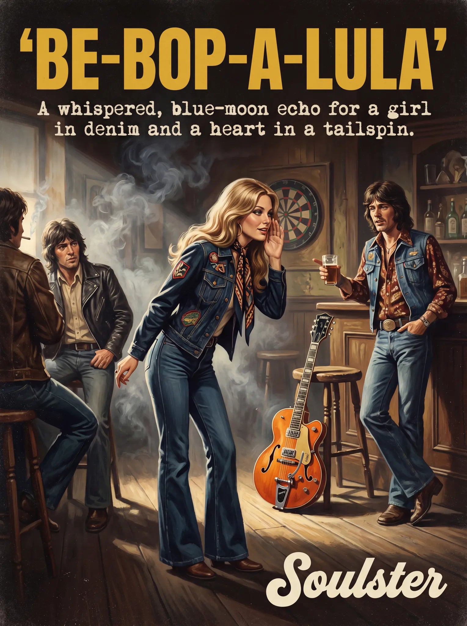 Soulster cinematic vintage pulp book cover art print illustration styled in a classic 1970s theme inspired by Be-Bop-A-Lula.