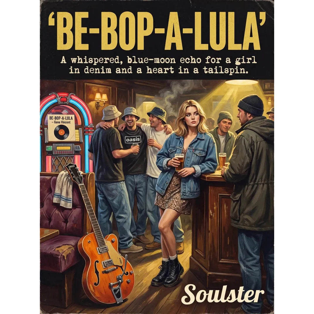 Soulster cinematic vintage pulp book cover art print illustration styled in a classic 1990s theme inspired by Be-Bop-A-Lula.