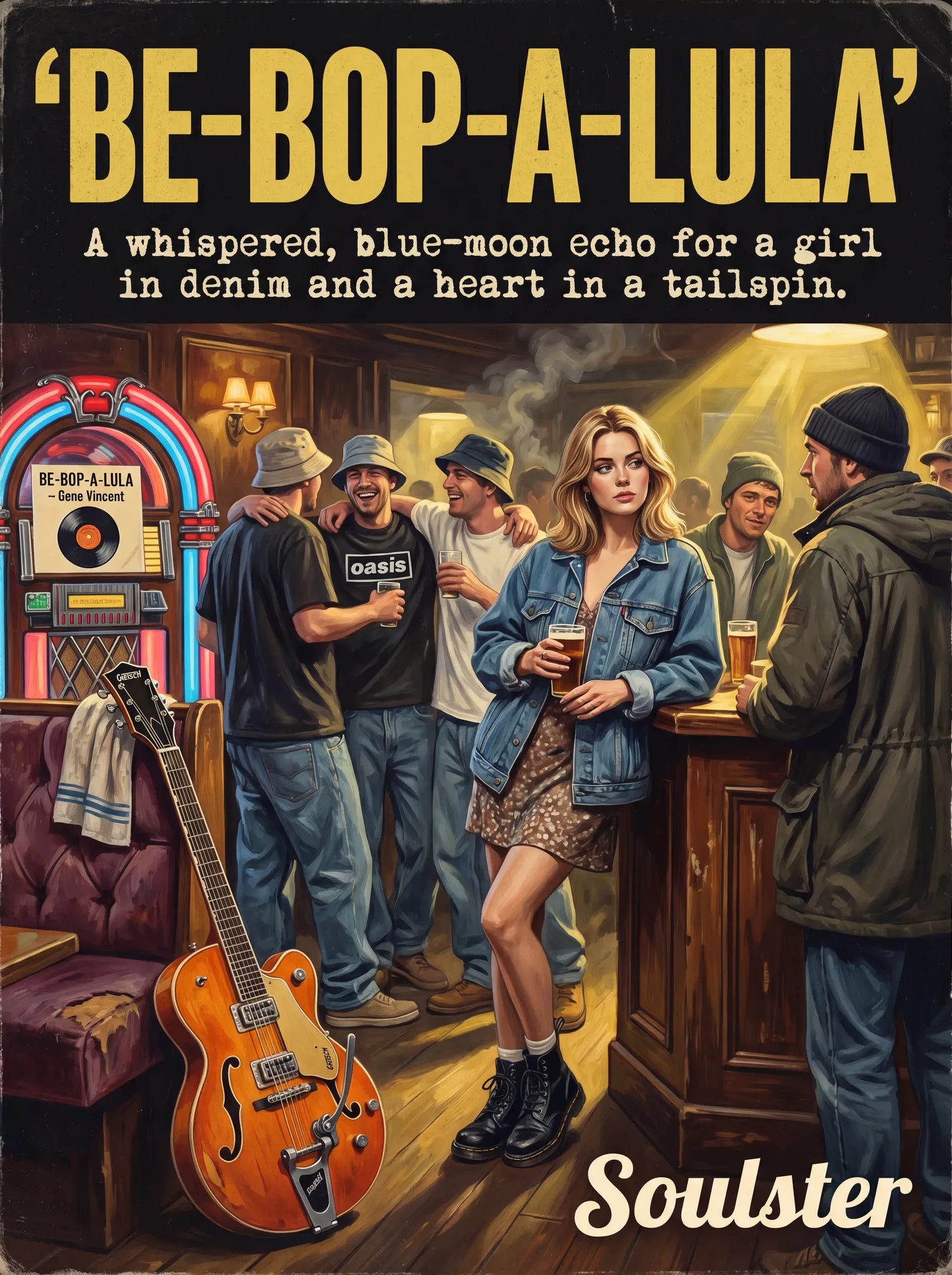 Soulster cinematic vintage pulp book cover art print illustration styled in a classic 1990s theme inspired by Be-Bop-A-Lula.