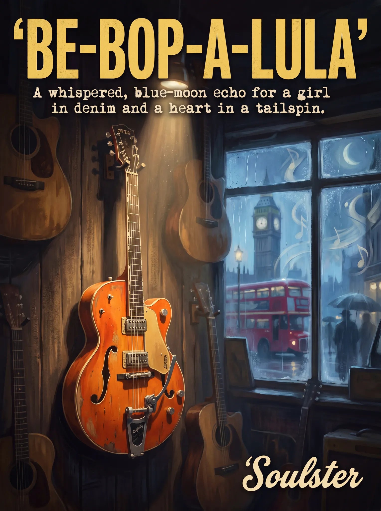 Soulster Manchester Edition wall art print showing a cinematic pulp style design of a Vintage Guitar inspired by Be-bop-a-lula - London.